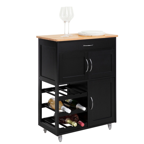 SoBuy FKW45-SCH, chariot de service de rangement de cuisine avec surface de travail en hévéa, armoire de rangement de cuisine, noir
