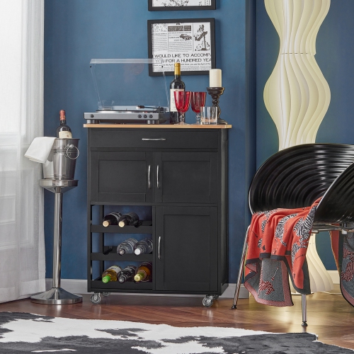 SoBuy FKW45-SCH, chariot de service de rangement de cuisine avec surface de travail en hévéa, armoire de rangement de cuisine, noir