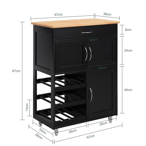 SoBuy FKW45-SCH, chariot de service de rangement de cuisine avec surface de travail en hévéa, armoire de rangement de cuisine, noir