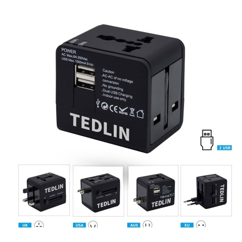 TEDLIN Universal International Travel Power Adapter with 2 High Speed USB Ports, for Over 150 Countries including USA, Europe, UK & Asia
