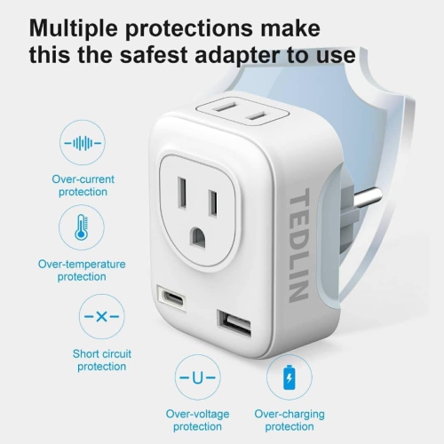 TEDLIN European Travel Plug Adapter with 2 US Plugs, USB & USB-C - 2-in-1/4-in-1 Grounded for Europe, EU, Italy, Spain, France, Germany