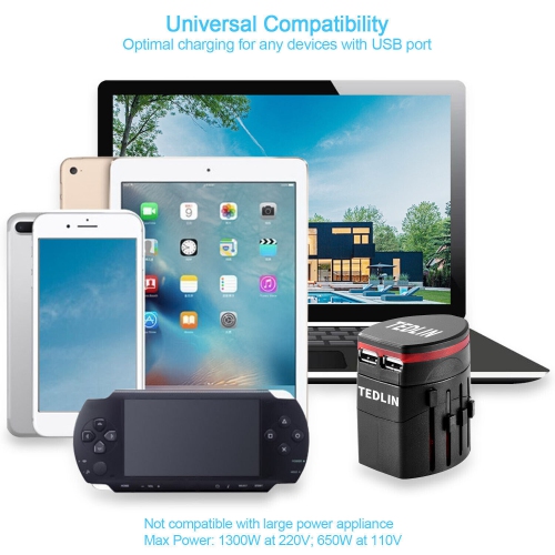 Adaptateur d'alimentation de voyage international TEDLIN avec 2 ports USB 2,1A adaptateur de voyage tout-en-un pour plus de 150 pays prise électrique