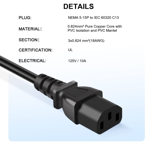 6Ft Computer Power Cord 18AWG TV Power Cord NEMA 5-15P to C13 Ac Power Cord for Tv Computer Pc Monitor Samsung Dell