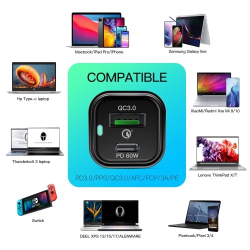 Rexing 78W Vehicle Quick Charger Compatible with iPhone and Samsung Note with Cables Included - Black