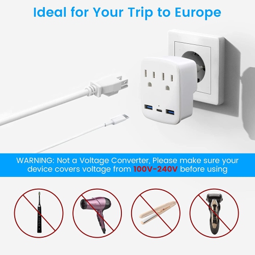 Adaptateur de voyage européen TEDLIN avec alimentation internationale pliable, 2 prises, 3 ports de chargement USB