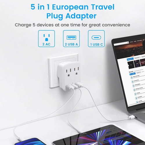 Adaptateur de voyage européen TEDLIN avec alimentation internationale pliable, 2 prises, 3 ports de chargement USB