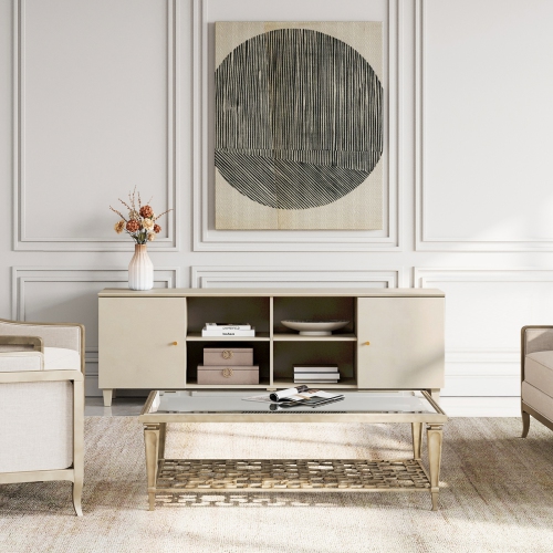 WAMPAT Mid-Century TV Stand with Yellow LED Light,Modern Entertainment Center with Door Storage and Open Shelf for up to 75 Inch TV, TV Console Table