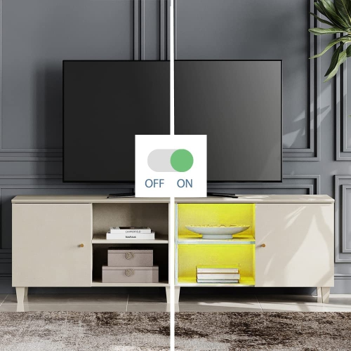 WAMPAT Mid-Century TV Stand with Yellow LED Light,Modern Entertainment Center with Door Storage and Open Shelf for up to 75 Inch TV, TV Console Table