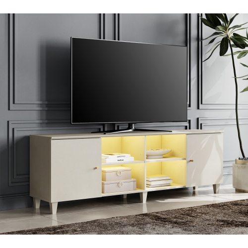 WAMPAT Mid-Century TV Stand with Yellow LED Light,Modern Entertainment Center with Door Storage and Open Shelf for up to 75 Inch TV, TV Console Table