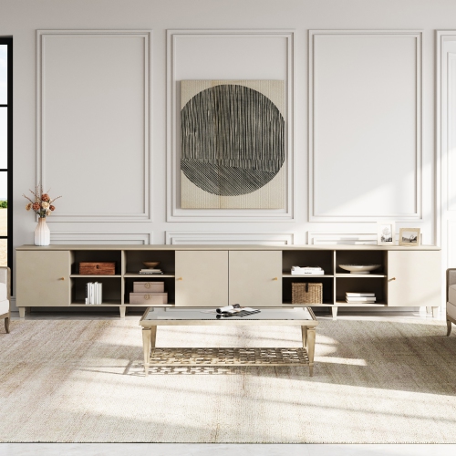 WAMPAT Mid Century Modern TV Stand Set of 2, Linen White Entertainment Center for 70 75 80 85 100 Inch TV Console Table Farmhouse Storage for Living