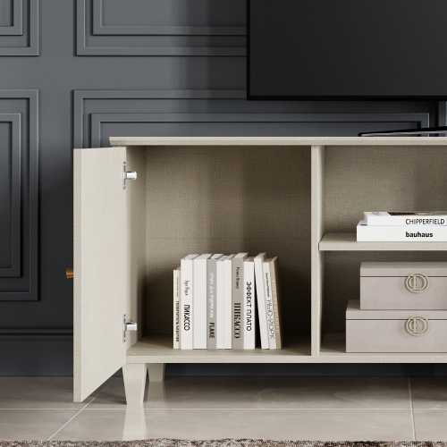 WAMPAT Mid Century Modern LED TV Stand Set of 2, Beige Entertainment Center for up to 100 Inch TV Console with Storage Cabinets Media Console for