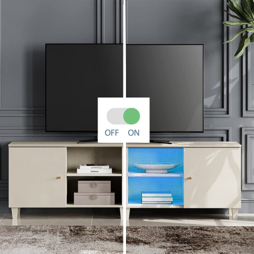 WAMPAT Mid Century Modern LED TV Stand Set of 2, Beige Entertainment Center for up to 100 Inch TV Console with Storage Cabinets Media Console for