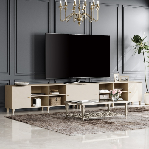 WAMPAT Mid Century Modern LED TV Stand Set of 2, Beige Entertainment Center for up to 100 Inch TV Console with Storage Cabinets Media Console for