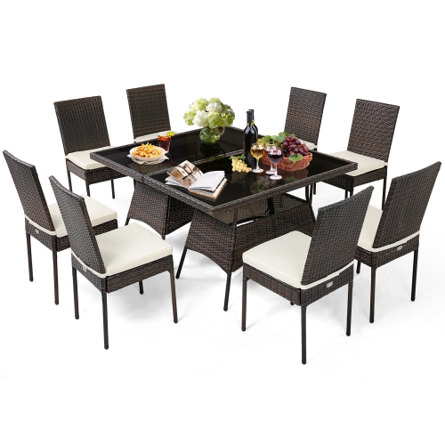 Costway 10 PCS Patio Rattan Dining Set Glass Table High Back Chair Garden Deck Mix Brown
