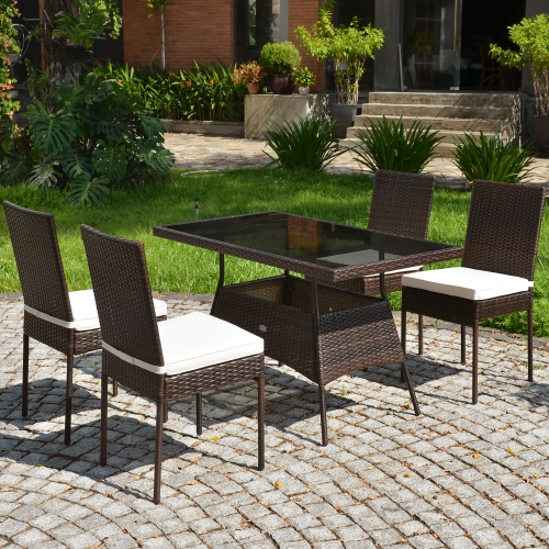 Costway 10 PCS Patio Rattan Dining Set Glass Table High Back Chair Garden Deck Mix Brown