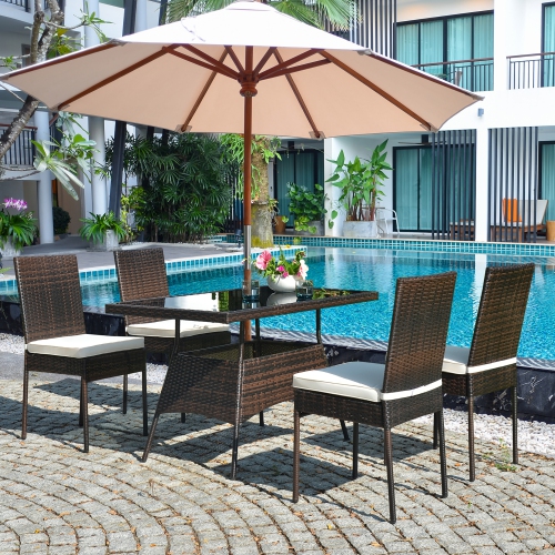 Costway 10 PCS Patio Rattan Dining Set Glass Table High Back Chair Garden Deck Mix Brown