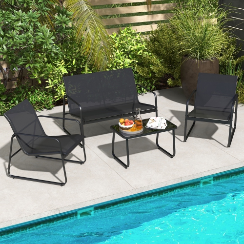 Costway 4 Pieces Patio Furniture Set Outdoor Tempered Glass Coffee Table Chair Loveseat