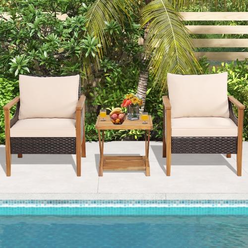 Costway 3PCS Patio Wicker Furniture Set Cushioned Armchairs with 2-Tier Side Table Balcony