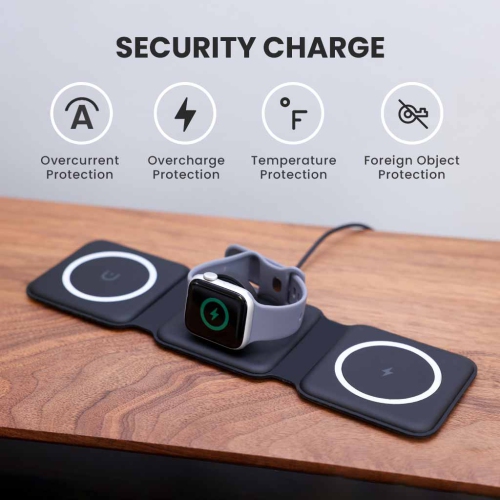MotionGrey Magnetic Wireless Charge Pad Station - Black, 3 in 1 Wireless Foldable Charger for iPhone, AirPods, Apple Watch, Phone