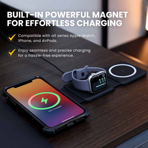 MotionGrey Magnetic Wireless Charge Pad Station - Black, 3 in 1 Wireless Foldable Charger for iPhone, AirPods, Apple Watch, Phone