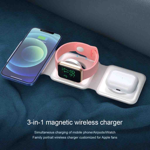 MotionGrey Magnetic Wireless Charge Pad Station - White, 3 in 1 Wireless Foldable Charger for iPhone, AirPods, Apple Watch, Phone