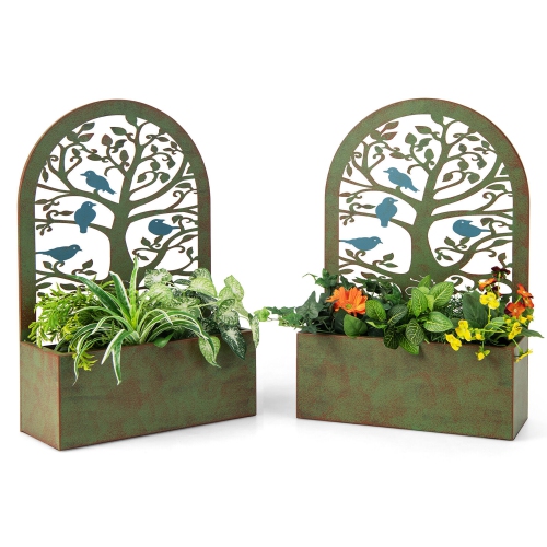 GYMAX  Set Of 2 Decorative Raised Garden Bed Wall-Mounted Metal Planter Box W/ Trellis