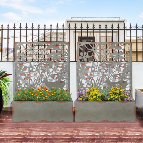 Gymax Set of 2 Decorative Raised Garden Bed Wall-mounted Metal Planter Box w/ Trellis