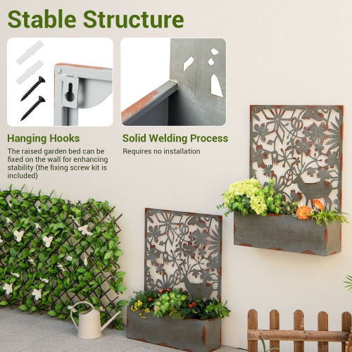 Gymax Set of 2 Decorative Raised Garden Bed Wall-mounted Metal Planter Box w/ Trellis