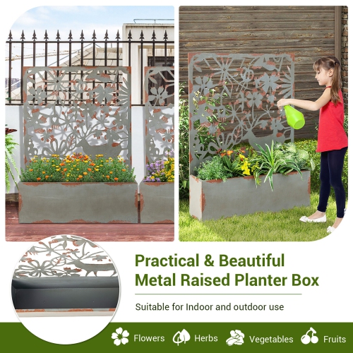 Gymax Set of 2 Decorative Raised Garden Bed Wall-mounted Metal Planter Box w/ Trellis