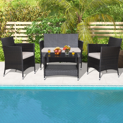 Gymax 4PCS Outdoor Sofa Set Patio Rattan Wicker Conversation Set w/ Coffee Table