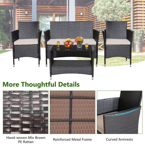 Gymax 4PCS Outdoor Sofa Set Patio Rattan Wicker Conversation Set w/ Coffee Table