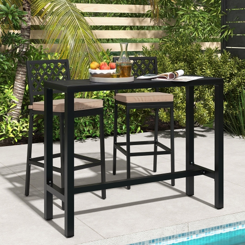 Gymax 3PCS Outdoor Chairs & Metal Bar Table Set Patio Dining Table Set w/ Cushion