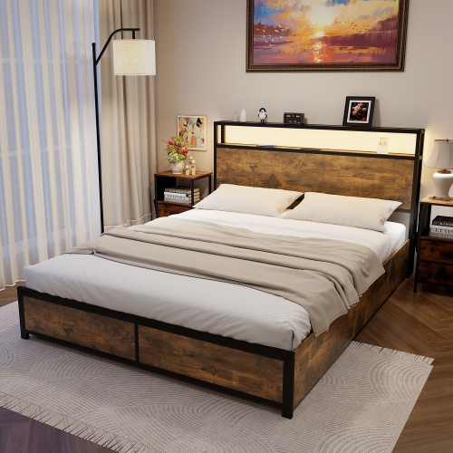 Gymax Full/Queen Industrial Platform Bed Frame with Storage Drawers & LED Lights Headboard