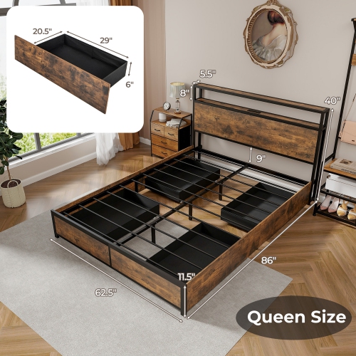 Gymax Full/Queen Industrial Platform Bed Frame with Storage Drawers & LED Lights Headboard