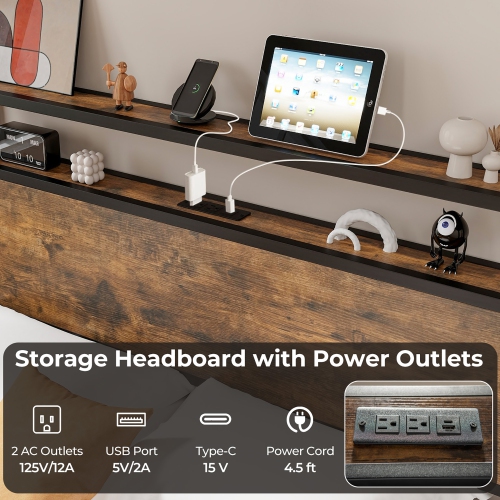 Gymax Full/Queen Industrial Platform Bed Frame with Storage Drawers & LED Lights Headboard