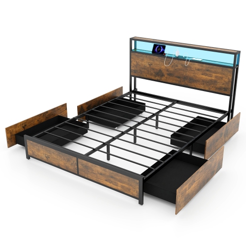 Gymax Full/Queen Industrial Platform Bed Frame with Storage Drawers & LED Lights Headboard