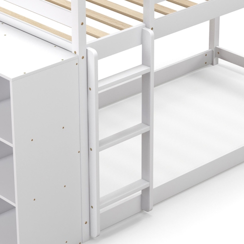 Gymax Twin Over Twin Bunk Bed Wood Frame Storage Shelves Ladder Guardrails Kids White