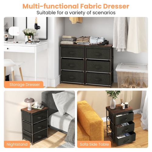 Gymax 2PCS Fabric Bedside Table 3 Drawers Nightstand Small Dresser Bedroom Living Room