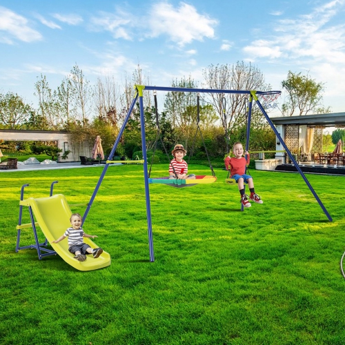 Gymax 4-in-1 Swing Set for Backyard Heavy-Duty Metal Playset for 3-12 Years Old Kids