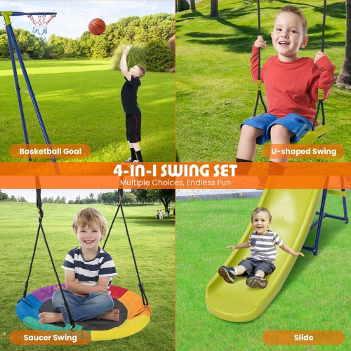 Gymax 4-in-1 Swing Set for Backyard Heavy-Duty Metal Playset for 3-12 Years Old Kids