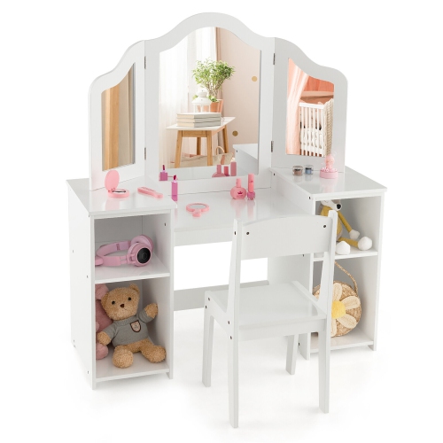 Gymax Kids Vanity 2 in 1 Princess Makeup Desk & Chair Set Safe Tri-fold Mirror