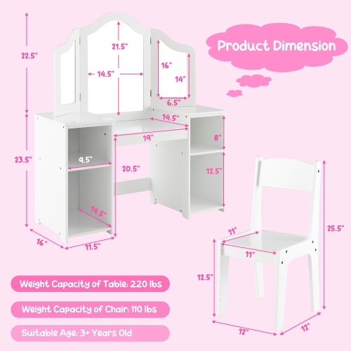 Gymax Kids Vanity 2 in 1 Princess Makeup Desk & Chair Set Safe Tri-fold Mirror