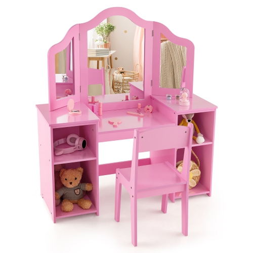 Gymax Kids Vanity 2 in 1 Princess Makeup Desk & Chair Set Safe Tri-fold Mirror