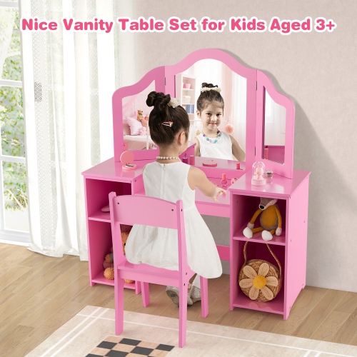 Gymax Kids Vanity 2 in 1 Princess Makeup Desk & Chair Set Safe Tri-fold Mirror