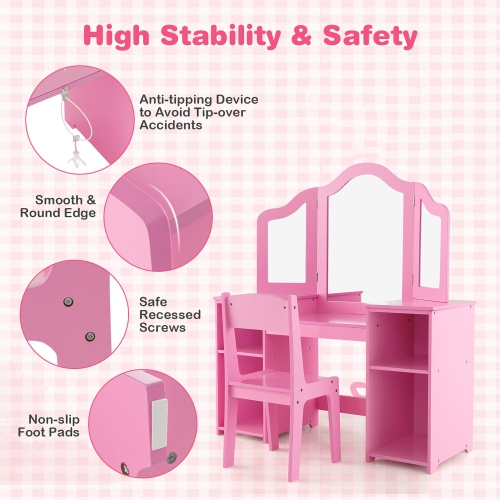 Gymax Kids Vanity 2 in 1 Princess Makeup Desk & Chair Set Safe Tri-fold Mirror