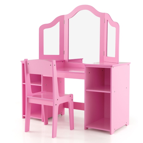 Gymax Kids Vanity 2 in 1 Princess Makeup Desk & Chair Set Safe Tri-fold Mirror