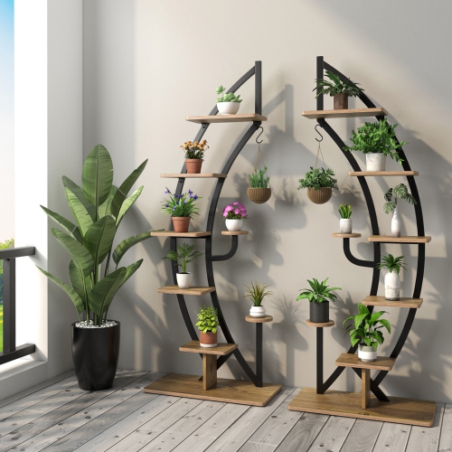 Gymax 2 PCS 6 Tier 9 Potted Metal Plant Stand Curved Stand Holder Display Shelf w/ Hook