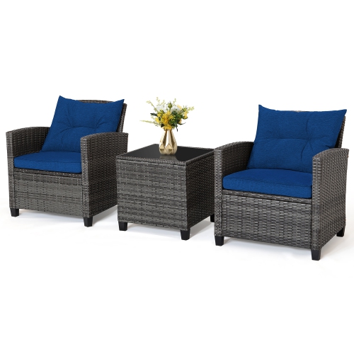 Gymax 3PCS Patio Rattan Sofa Set Outdoor Wicker Conversation Set Glass Tabletop w/ Navy Cushion