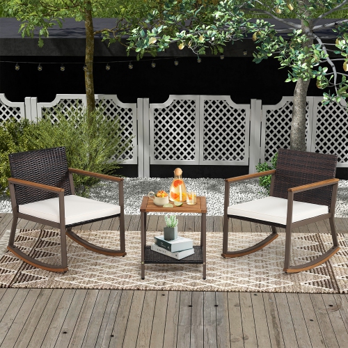 Gymax 3PCS Patio Rattan Rocking Chair Bistro Set Armrest Cushion Table w/ Storage Shelf