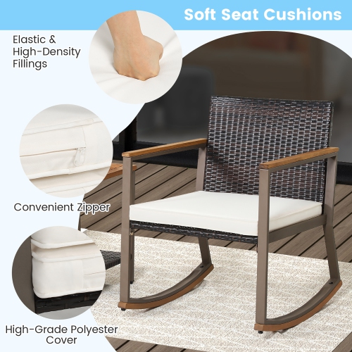 Gymax 3PCS Patio Rattan Rocking Chair Bistro Set Armrest Cushion Table w/ Storage Shelf
